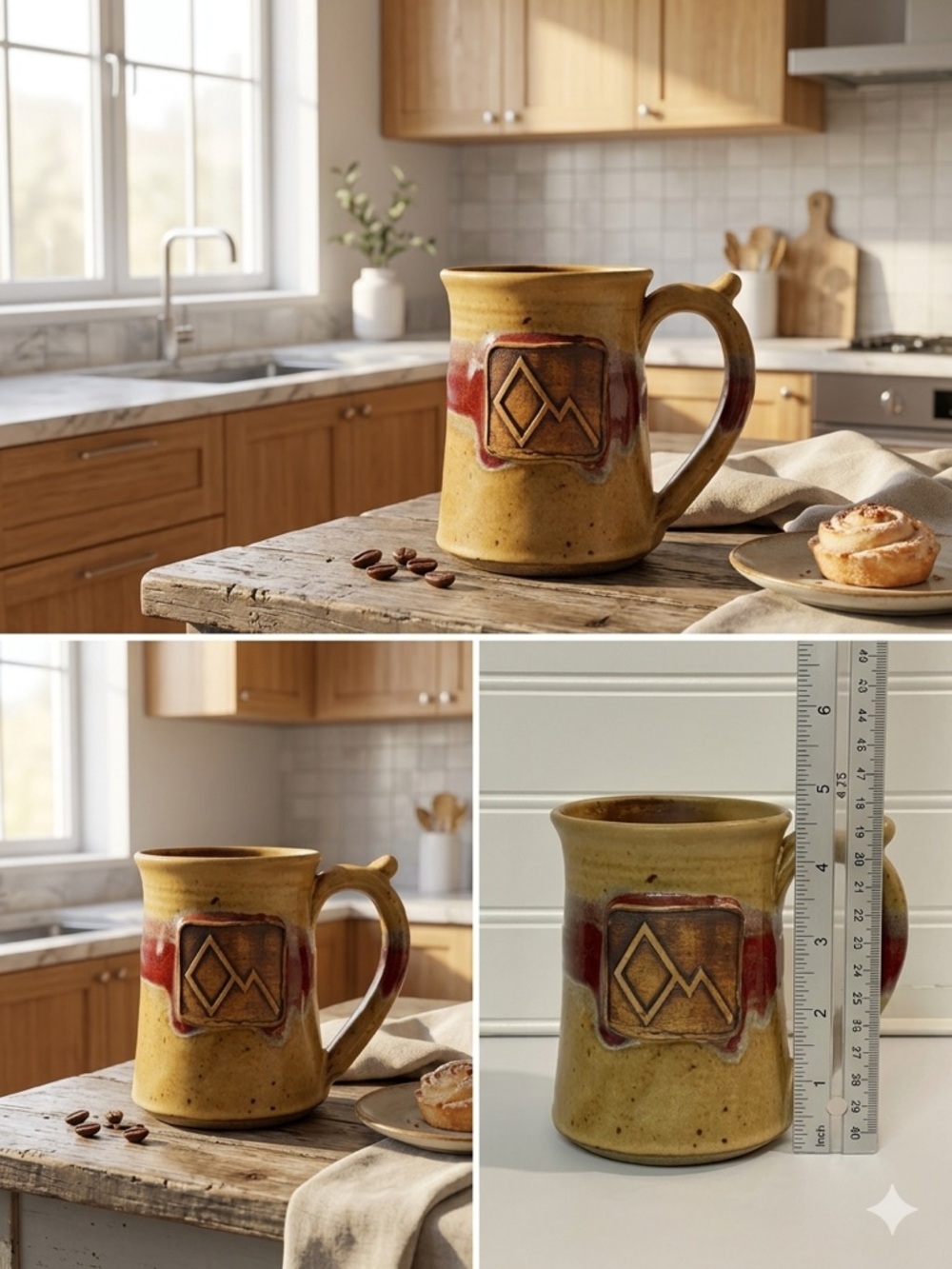 Handcrafted Yellow Ceramic Mug with Red Accent - Rustic Mountain Emblem